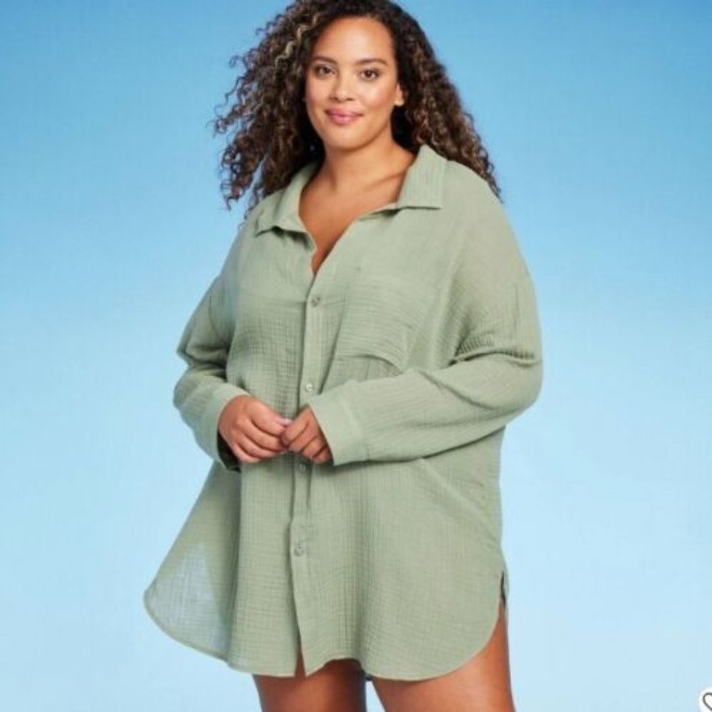 NWT Kona Sol 100% Cotton Oversized Cover Up Shirt Dress in Eucalyptus Green 2X